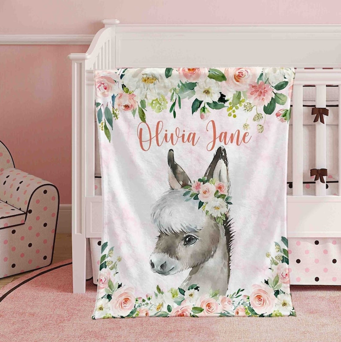 FUNSTUFFPRINT Custom  Baby Horse Blanket, Pink Floral Donkey Nursery Blanket, Rose Flowers Little Girl Blanket, Baby Shower Gift, Kids Custom Blanket