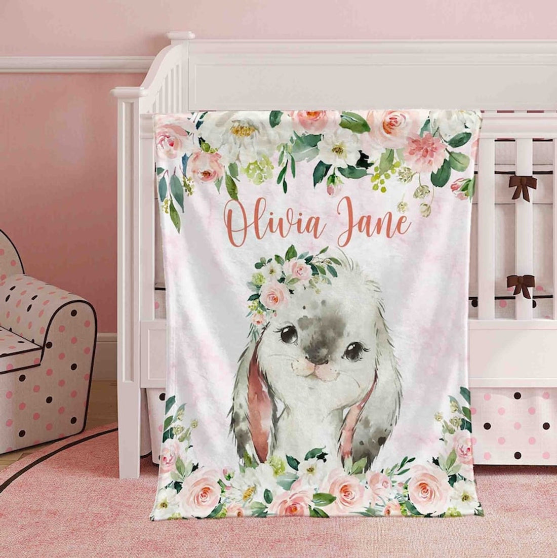 FUNSTUFFPRINT Custom  Pink Floral Bunny Nursery Blanket, Personalized Baby Rabbit Blanket, Rose Flowers Little Girl Blanket, Baby Shower Gift, Kids Custom Blanket