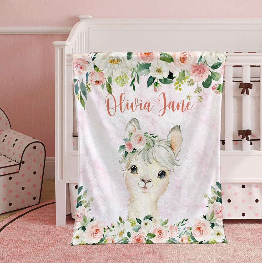 FUNSTUFFPRINT Custom  Baby Blanket, Pink Floral Llama Nursery Blanket, Rose Flowers Little Girl Blanket, Baby Shower Gift, Kids Custom Name Blanket