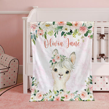 FUNSTUFFPRINT Custom  Baby Blanket, Pink Floral Llama Nursery Blanket, Rose Flowers Little Girl Blanket, Baby Shower Gift, Kids Custom Name Blanket