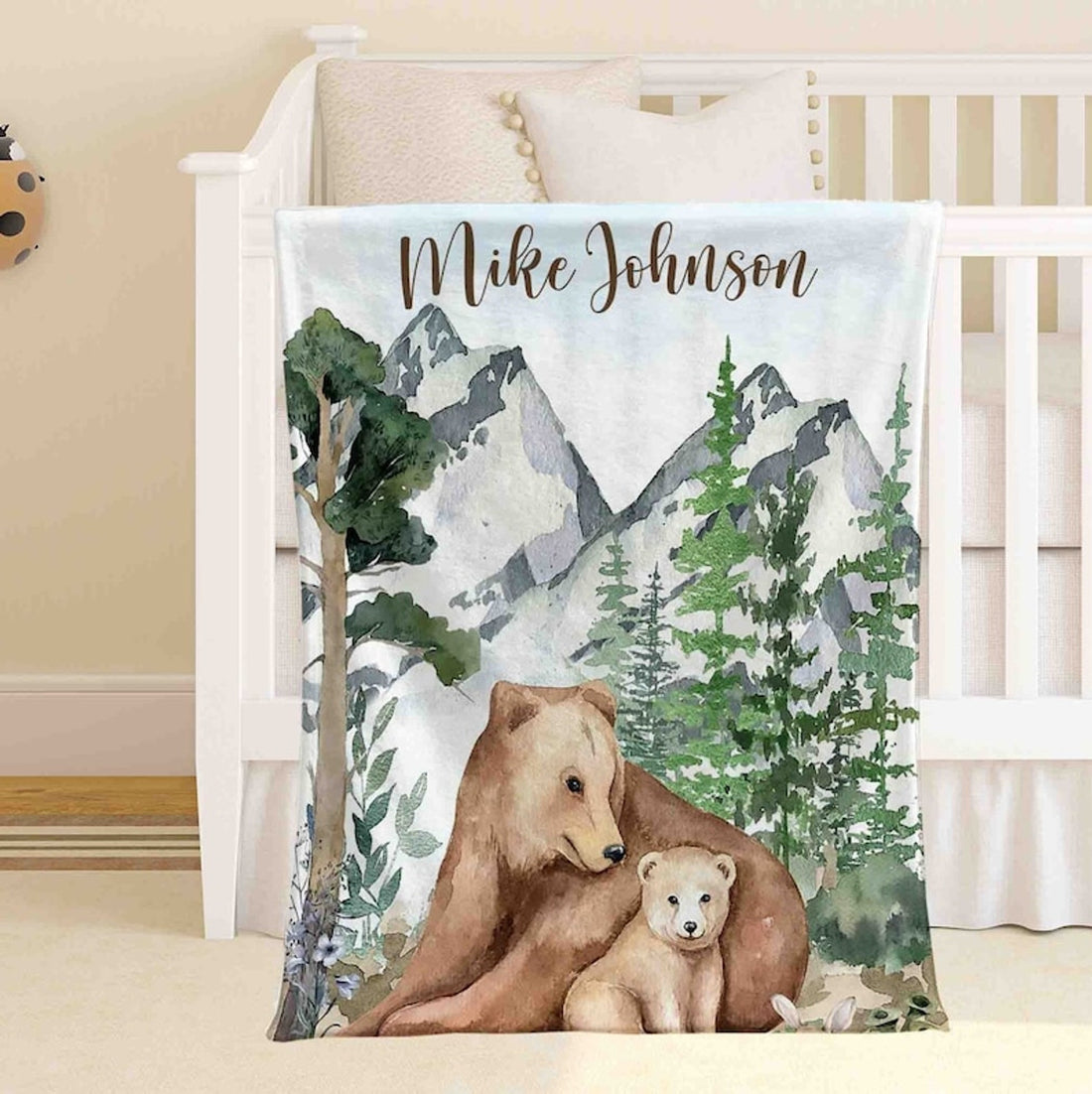 FUNSTUFFPRINT Custom  Mom And Baby Bear Nursery Blanket, Personalized Woodland Bear Blanket, Forest Animal Baby Blanket Kids Custom Name Blanket Baby Shower Gift