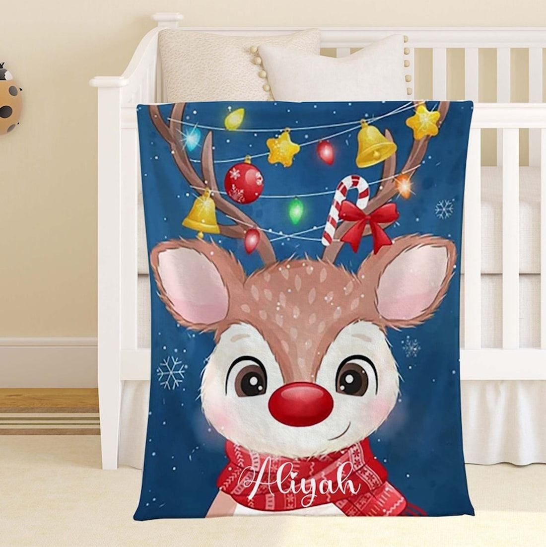 FUNSTUFFPRINT Custom  Baby Reindeer Blanket, Christmas Nursery Blanket, Xmas Baby Blanket, Winter Holiday Christmas Gift, Baby Shower Gift, Kids Name Blanket