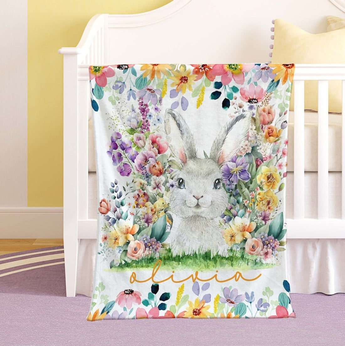 FUNSTUFFPRINT Custom  Little Bunny Baby Blanket, Colorful Floral Nursery Blanket, Personalized Farm Animal Blanket, Kids Custom Name Blanket, Baby Shower Gift