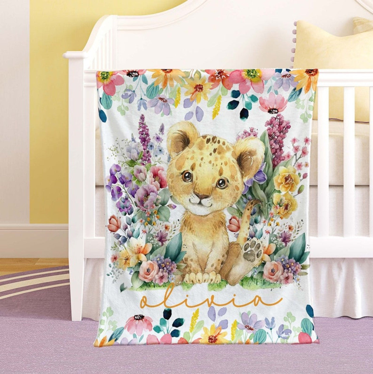 FUNSTUFFPRINT Custom  Colorful Floral Nursery Blanket, Little Lion Baby Blanket, Personalized Forest Animal Blanket, Kids Custom Name Blanket, Baby Shower Gift