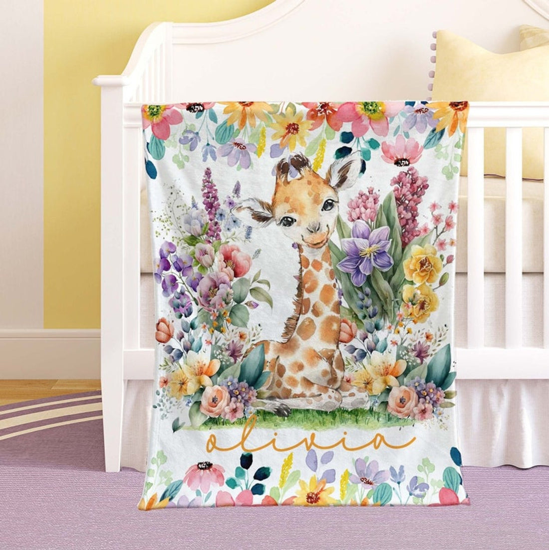 FUNSTUFFPRINT Custom  Little Giraffe Baby Blanket, Colorful Floral Nursery Blanket, Personalized Jungle Animal Blanket, Kids Custom Name Blanket Baby Shower Gift