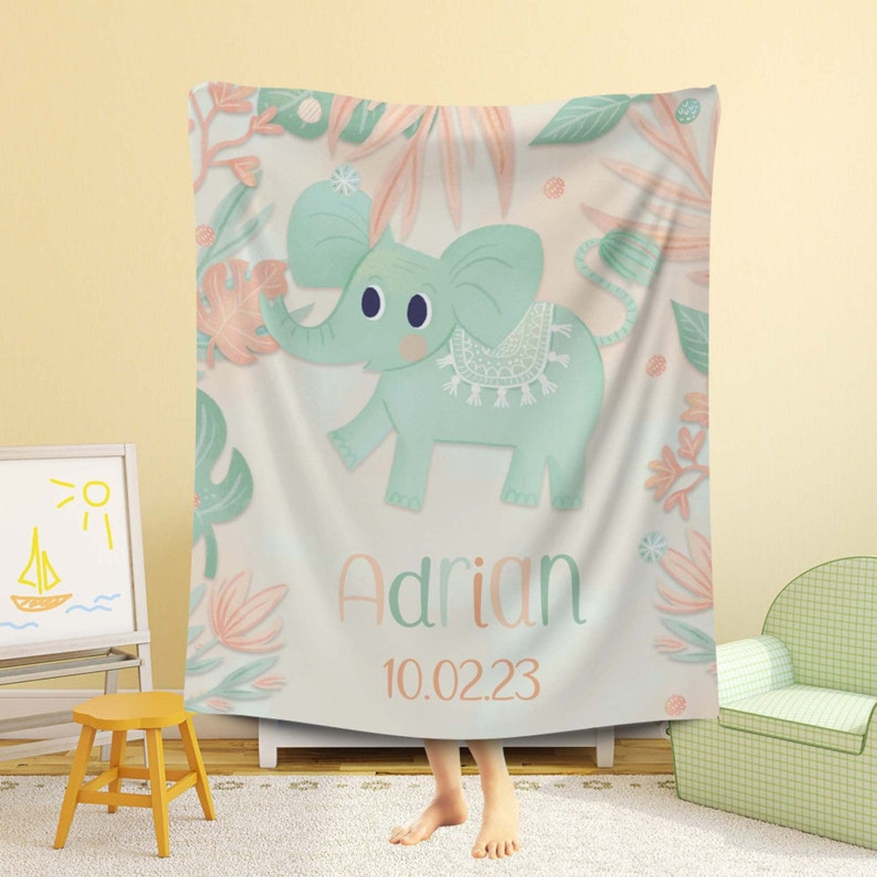 FUNSTUFFPRINT Custom  Baby Elephant Blanket, Floral Elephant Nursery Blanket, First Christmas Baby Boy Blanket, Kids Custom Blanket, Baby Shower Gift