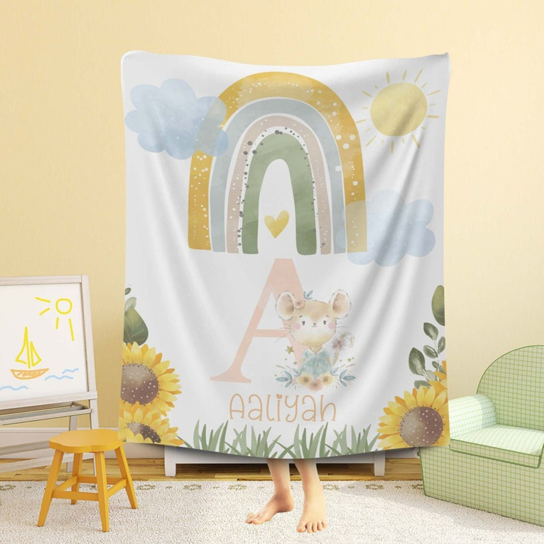 FUNSTUFFPRINT Custom  Alphabet Rainbow Blanket, Animal Alphabet Baby Blanket, Sunflower Nursery Blanket, Personalized Baby Shower Gift, Kids Name Blanket
