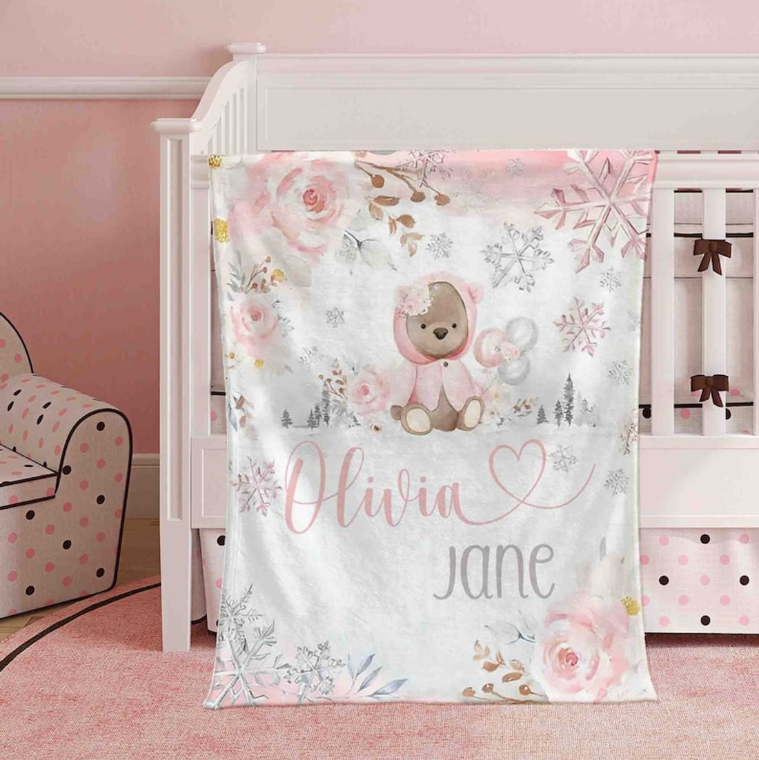 FUNSTUFFPRINT Custom  Floral Teddy Bear Baby Blanket, Winter Snow Nursery Blanket, Xmas Baby Girl Blanket, Personalized First Christmas Gift, Kids Name Blanket
