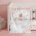 FUNSTUFFPRINT Custom  Floral Teddy Bear Baby Blanket, Winter Snow Nursery Blanket, Xmas Baby Girl Blanket, Personalized First Christmas Gift, Kids Name Blanket