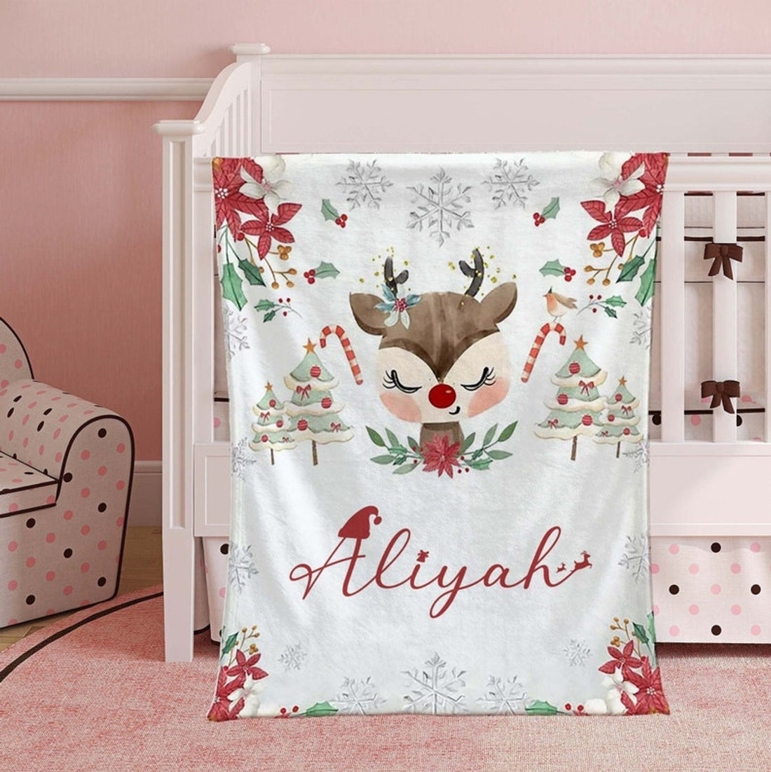 FUNSTUFFPRINT Custom  First Christmas Baby Blanket, Winter Reindeer Nursery Blanket, Xmas Baby Girl Blanket, Personalized Baby Shower Gift, Kids Name Blanket