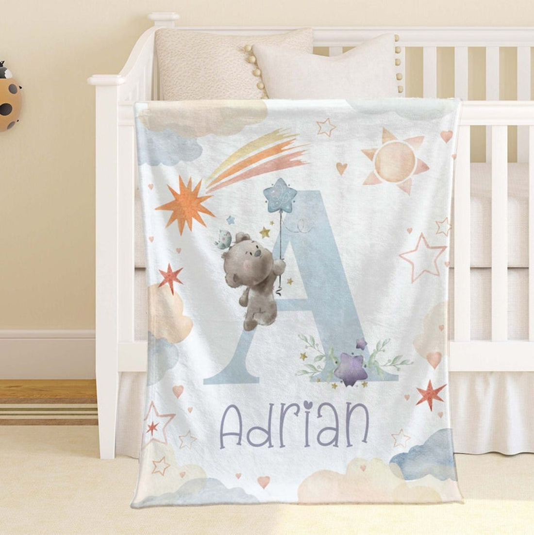 FUNSTUFFPRINT Custom  Alphabet Baby Blanket, Animal Alphabet Nursery Blanket, Teddy Bear Baby Boy Blanket, Personalized Baby Shower Gift, Kids Name Blanket