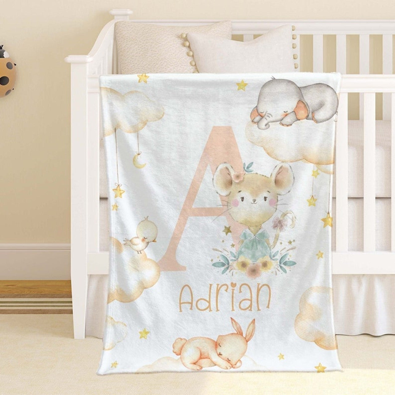FUNSTUFFPRINT Custom  Animal Alphabet Baby Blanket, Custom Alphabet Nursery Blanket, Floral Baby Boy Blanket, Personalized Baby Shower Gift Kids Blanket With Name