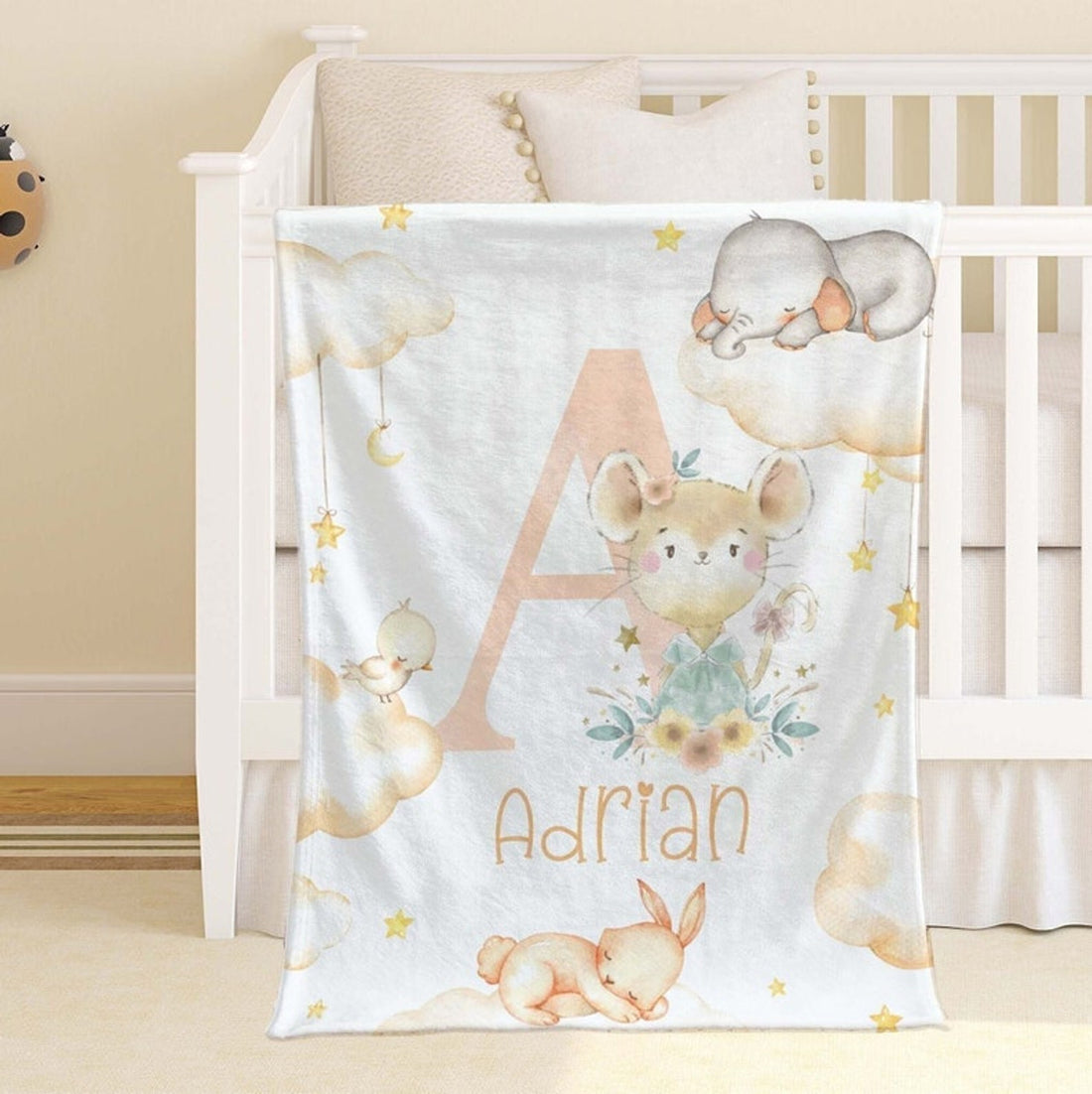 FUNSTUFFPRINT Custom  Animal Alphabet Baby Blanket, Custom Alphabet Nursery Blanket, Floral Baby Boy Blanket, Personalized Baby Shower Gift Kids Blanket With Name
