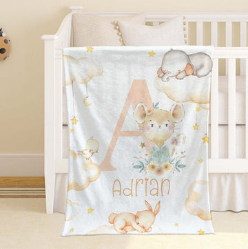 FUNSTUFFPRINT Custom  Animal Alphabet Baby Blanket, Custom Alphabet Nursery Blanket, Floral Baby Boy Blanket, Personalized Baby Shower Gift Kids Blanket With Name