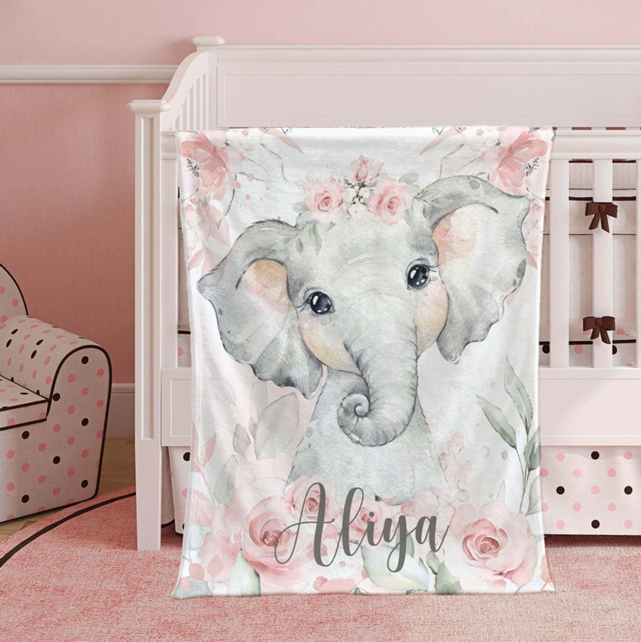 FUNSTUFFPRINT Custom  Baby Elephant Blanket, Pink Floral Elephant Nursery Blanket, Rose Flowers Girl Blanket, Kids Custom Blanket, Baby Shower Gift