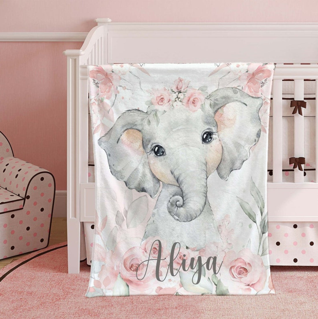 FUNSTUFFPRINT Custom  Baby Elephant Blanket, Pink Floral Elephant Nursery Blanket, Rose Flowers Girl Blanket, Kids Custom Blanket, Baby Shower Gift