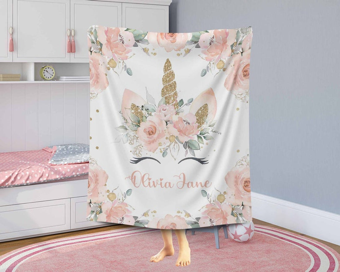 FUNSTUFFPRINT Custom  Floral Unicorn Baby Blanket Personalized Christmas Nursery Blanket Kids Custom Name Blanket Pink Flowers Baby Shower Gift For Girls