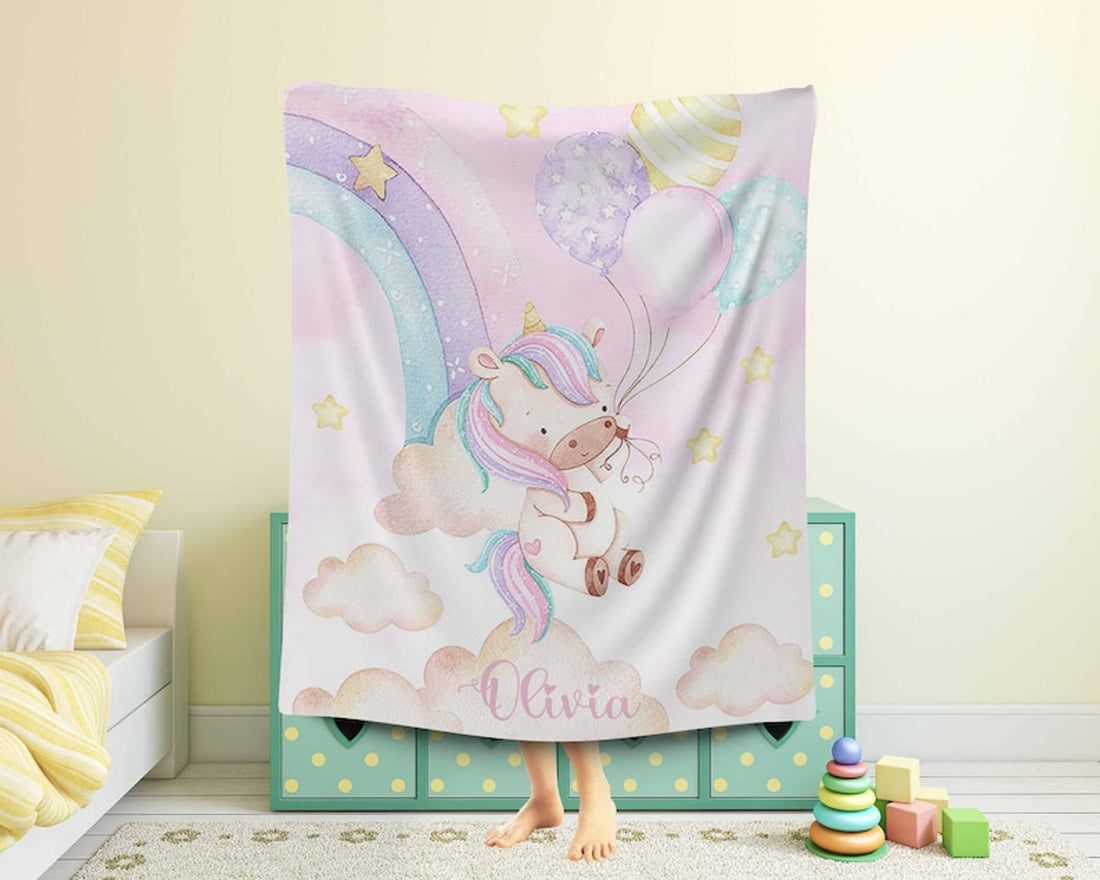 FUNSTUFFPRINT Custom  Baby Unicorn Blanket Personalized Rainbow Nursery Blanket Little Unicorn Kids Custom Name Blanket Sky Cloud Baby Shower Gift For Girls