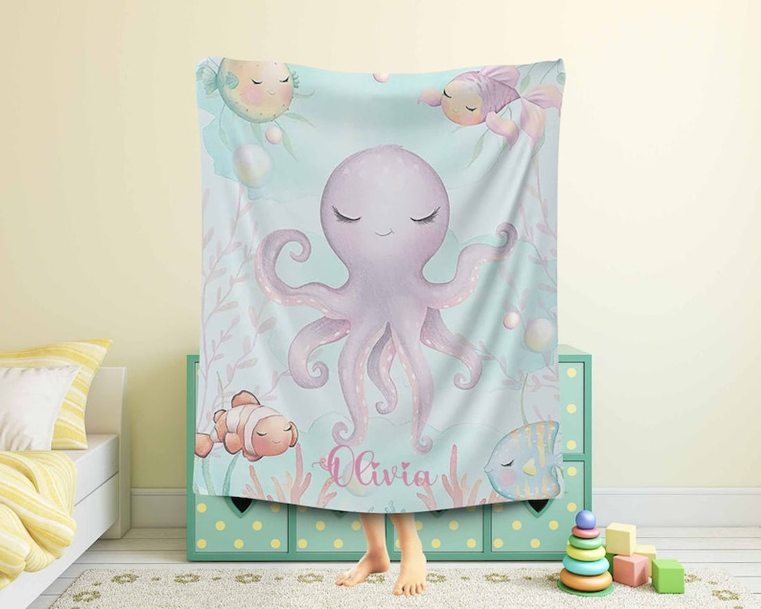 FUNSTUFFPRINT Custom  Little Octopus Blanket Personalized Ocean Animal Nursery Blanket Sea Animal Kids Custom Name Blanket Ocean Baby Shower Gift Christmas Throw