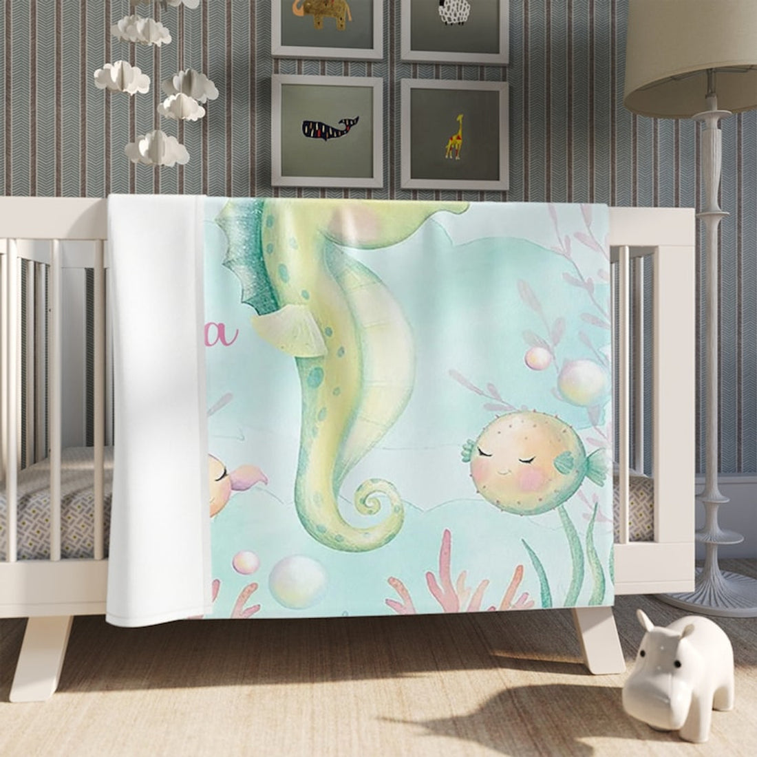 FUNSTUFFPRINT Custom  Little Seahorse Blanket Personalized Ocean Animal Nursery Blanket Sea Animal Kids Custom Name Blanket Ocean Baby Shower Gift Christmas Throw