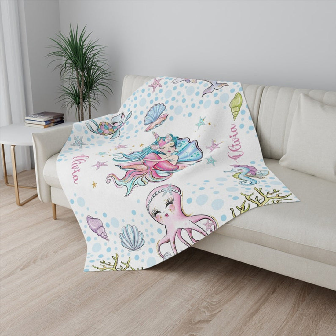FUNSTUFFPRINT Custom  Little Mermaid Blanket Personalized Ocean Animal Nursery Blanket Sea Animal Kids Custom Name Blanket Ocean Baby Shower Gift Christmas Throw