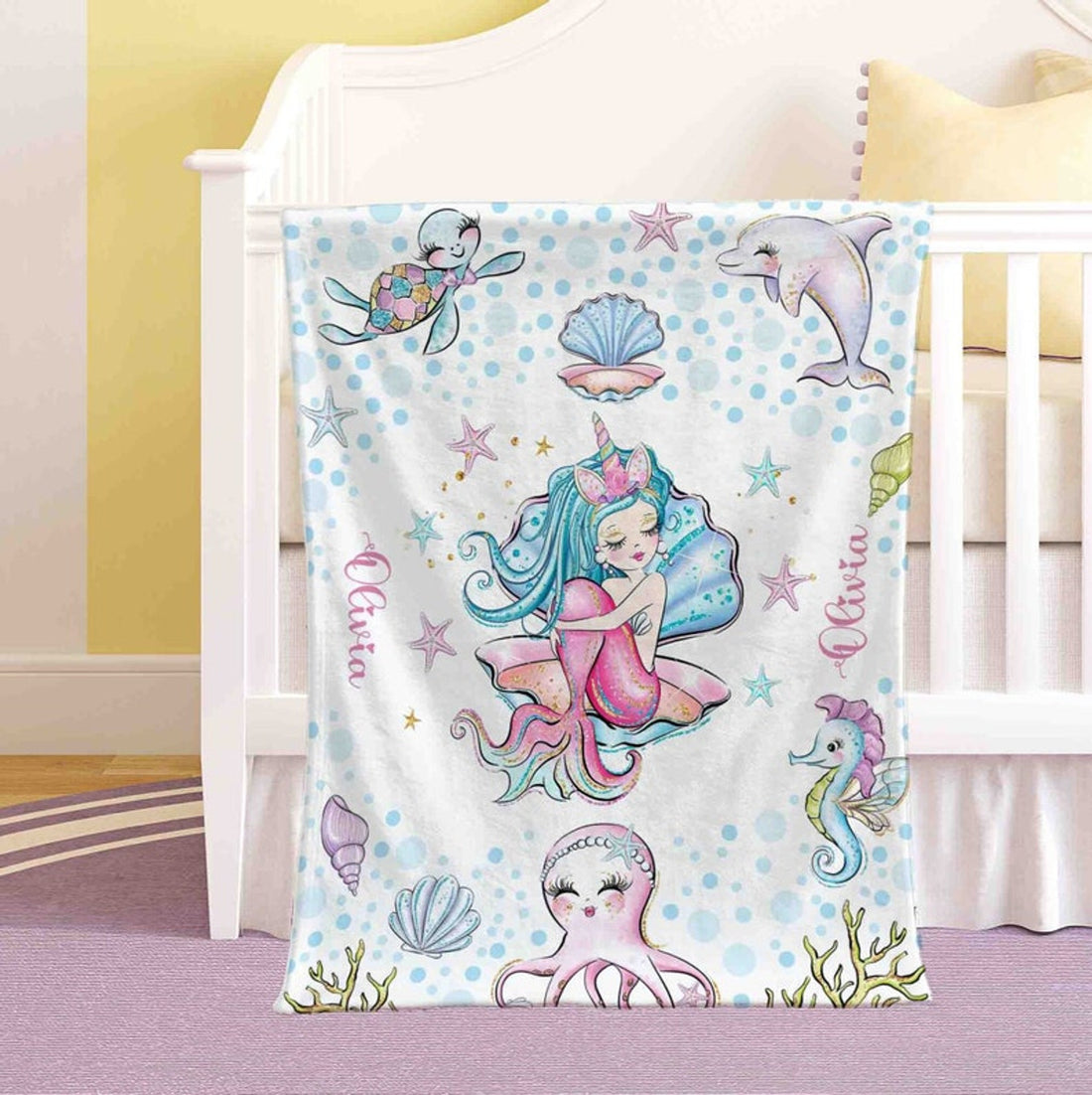 FUNSTUFFPRINT Custom  Little Mermaid Blanket Personalized Ocean Animal Nursery Blanket Sea Animal Kids Custom Name Blanket Ocean Baby Shower Gift Christmas Throw