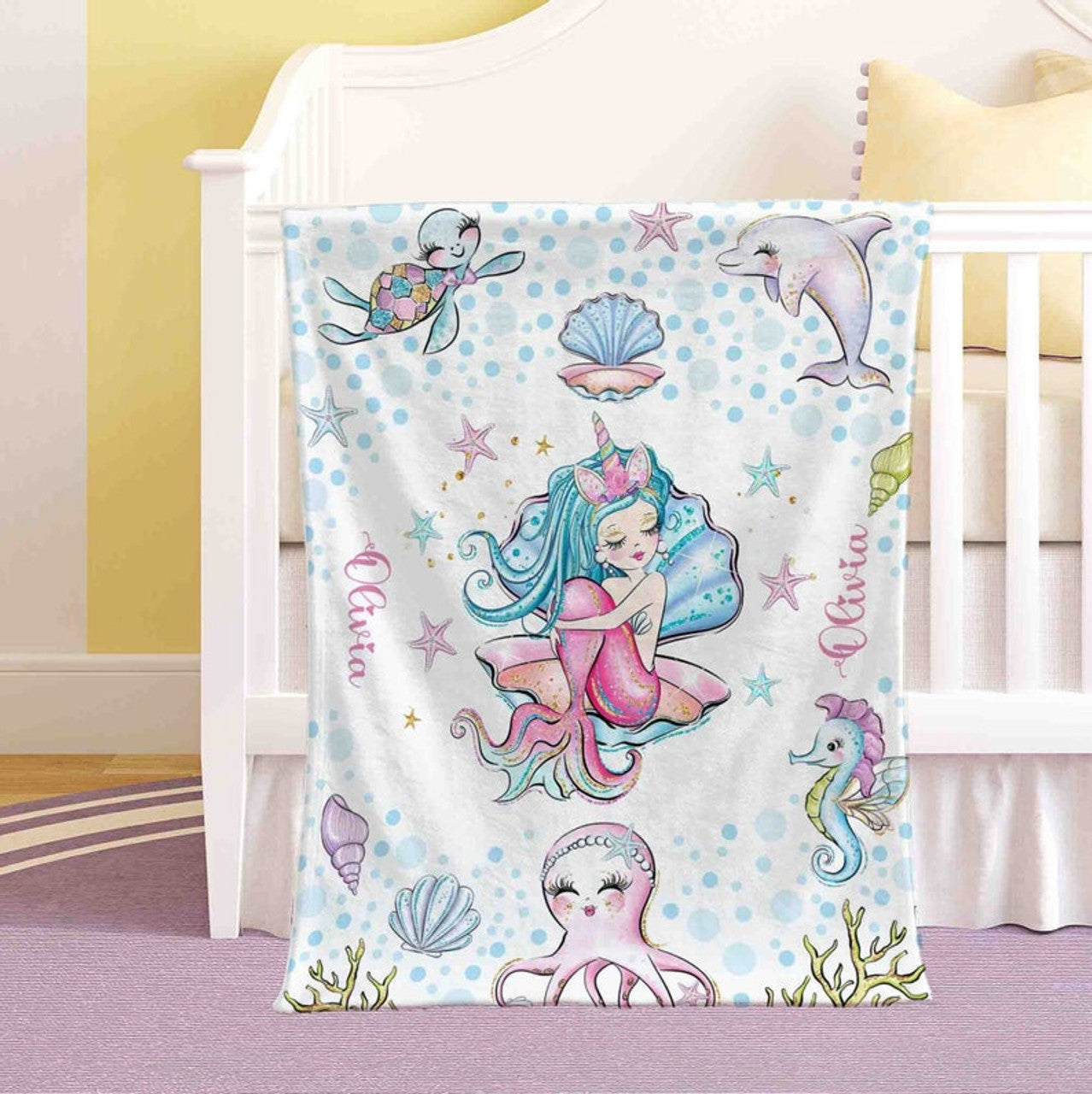 FUNSTUFFPRINT Custom  Little Mermaid Blanket Personalized Ocean Animal Nursery Blanket Sea Animal Kids Custom Name Blanket Ocean Baby Shower Gift Christmas Throw