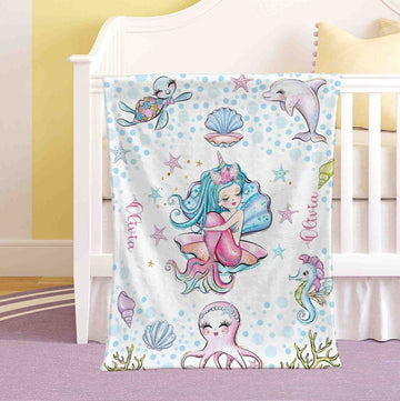 FUNSTUFFPRINT Custom  Little Mermaid Blanket Personalized Ocean Animal Nursery Blanket Sea Animal Kids Custom Name Blanket Ocean Baby Shower Gift Christmas Throw