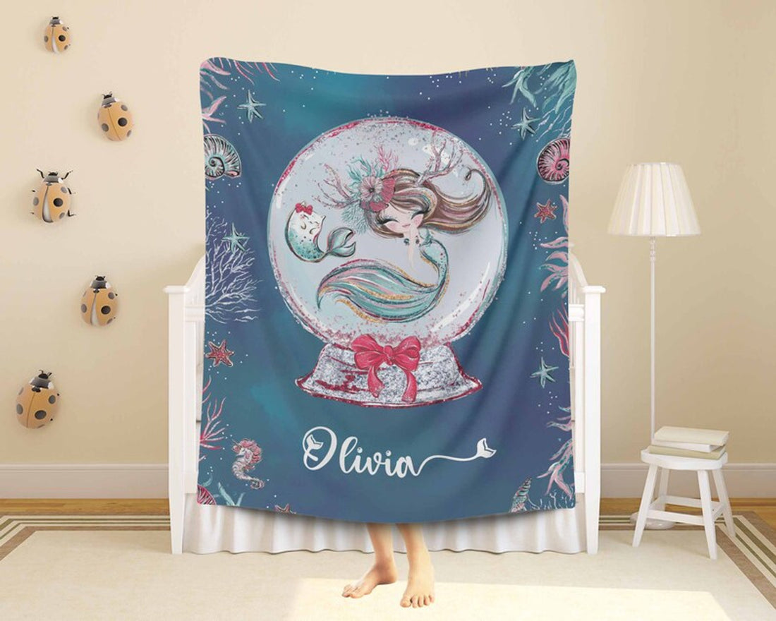 FUNSTUFFPRINT Custom  Little Mermaid Blanket Personalized Snow Globe Nursery Blanket Baby Mermaid Kids Custom Name Blanket Ocean Baby Shower Gift Christmas Throw