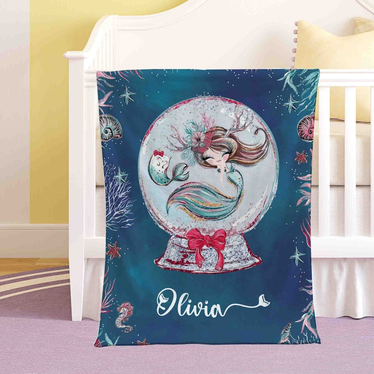 FUNSTUFFPRINT Custom  Little Mermaid Blanket Personalized Snow Globe Nursery Blanket Baby Mermaid Kids Custom Name Blanket Ocean Baby Shower Gift Christmas Throw