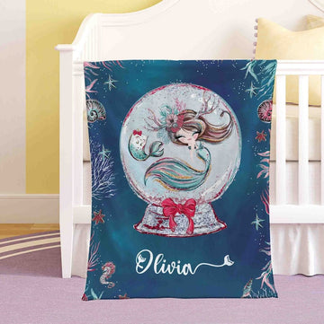 FUNSTUFFPRINT Custom  Little Mermaid Blanket Personalized Snow Globe Nursery Blanket Baby Mermaid Kids Custom Name Blanket Ocean Baby Shower Gift Christmas Throw