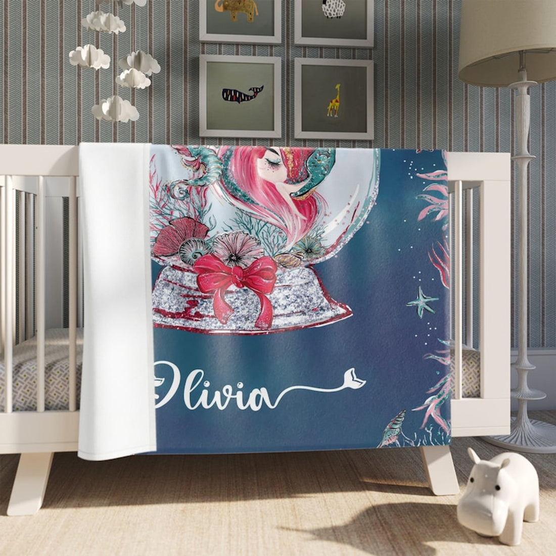 FUNSTUFFPRINT Custom  Little Mermaid Nursery Blanket Personalized Snow Globe Blanket Baby Mermaid Kids Custom Name Blanket Ocean Baby Shower Gift Christmas Throw