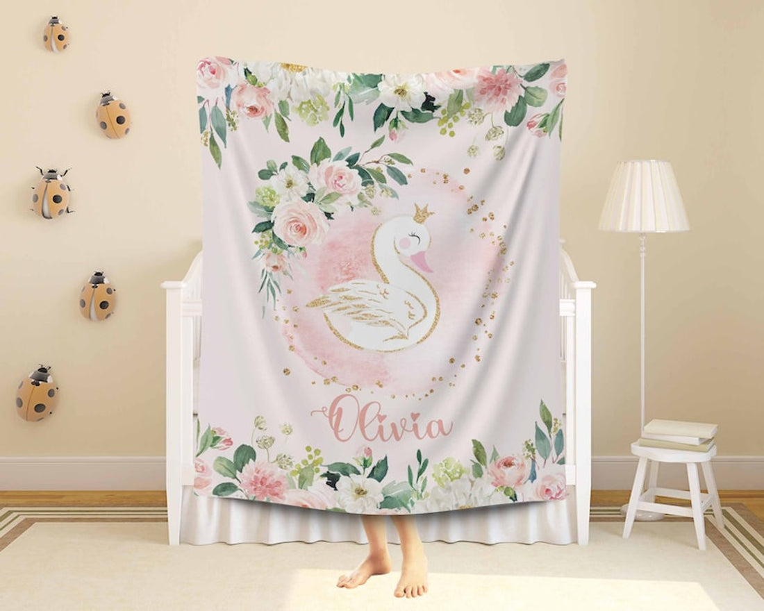 FUNSTUFFPRINT Custom  Baby Swan Blanket Personalized Christmas Nursery Blanket Little Swan Kids Custom Name Blanket Spring Floral Baby Shower Gift For Girls