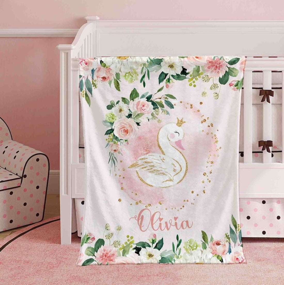 FUNSTUFFPRINT Custom  Baby Swan Blanket Personalized Christmas Nursery Blanket Little Swan Kids Custom Name Blanket Spring Floral Baby Shower Gift For Girls