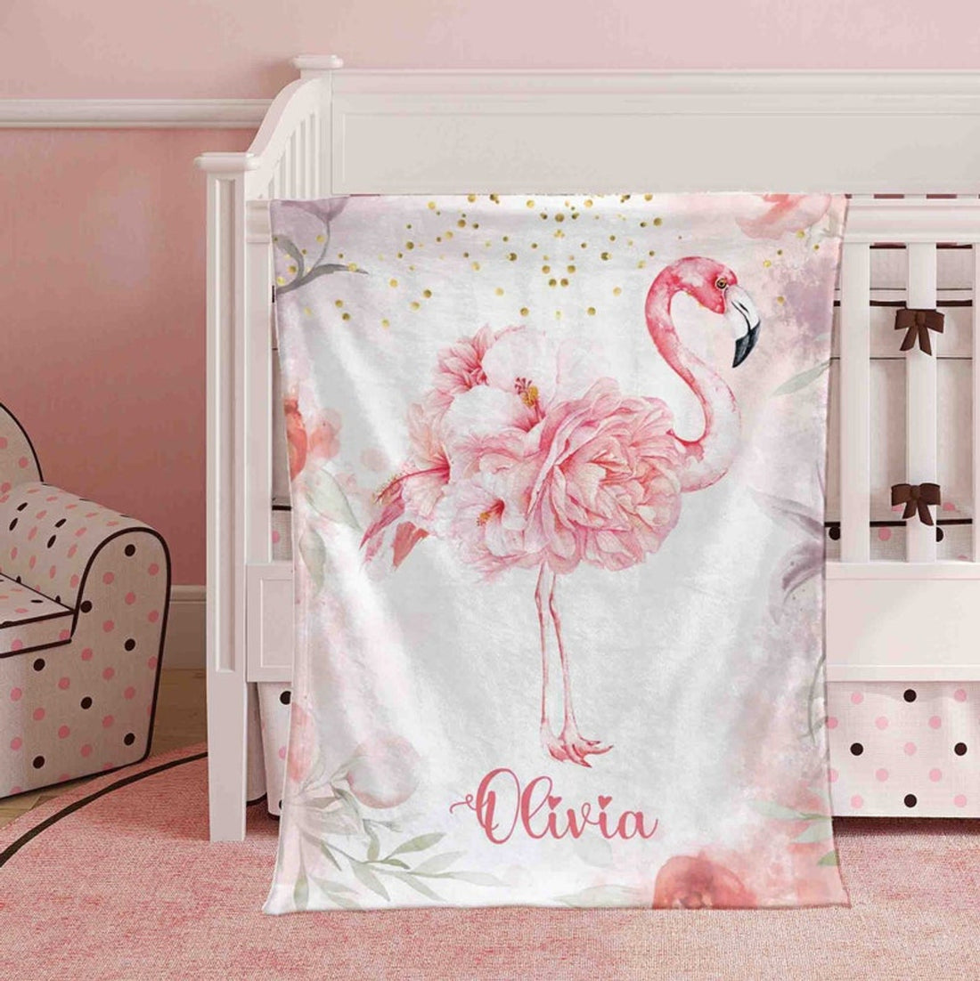 FUNSTUFFPRINT Custom  Floral Flamingo Blanket Personalized Christmas Nursery Blanket Flowers Kids Custom Name Blanket Spring Floral Baby Shower Gift For Girls