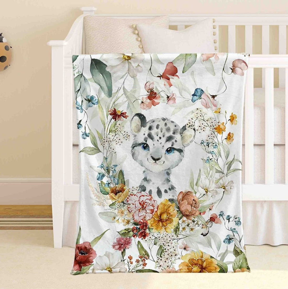 FUNSTUFFPRINT Custom  Snow Leopard Nursery Blanket, Spring Floral Baby Animal Blanket, Personalized Jungle Baby Blanket Kids Custom Name Blanket Baby Shower Gift