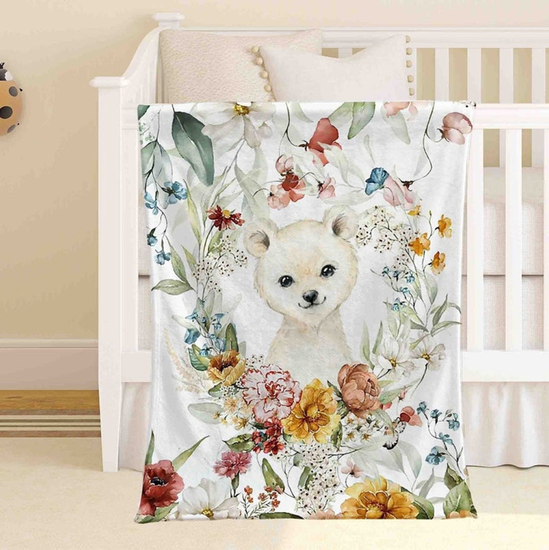 FUNSTUFFPRINT Custom  Spring Floral Animal Nursery Blanket, Personalized Baby Polar Bear Blanket, Jungle Baby Blanket Kids Custom Name Blanket Baby Shower Gift