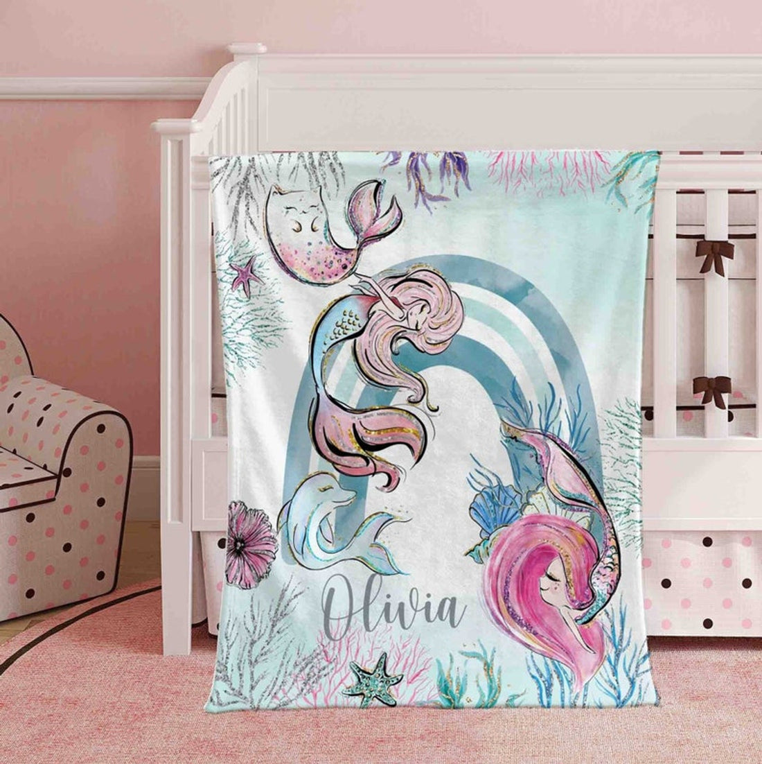 FUNSTUFFPRINT Custom  Little Mermaid Nursery Blanket, Personalized Underwater Rainbow Blanket, Baby Mermaid Kids Custom Name Blanket, Ocean Baby Shower Gift
