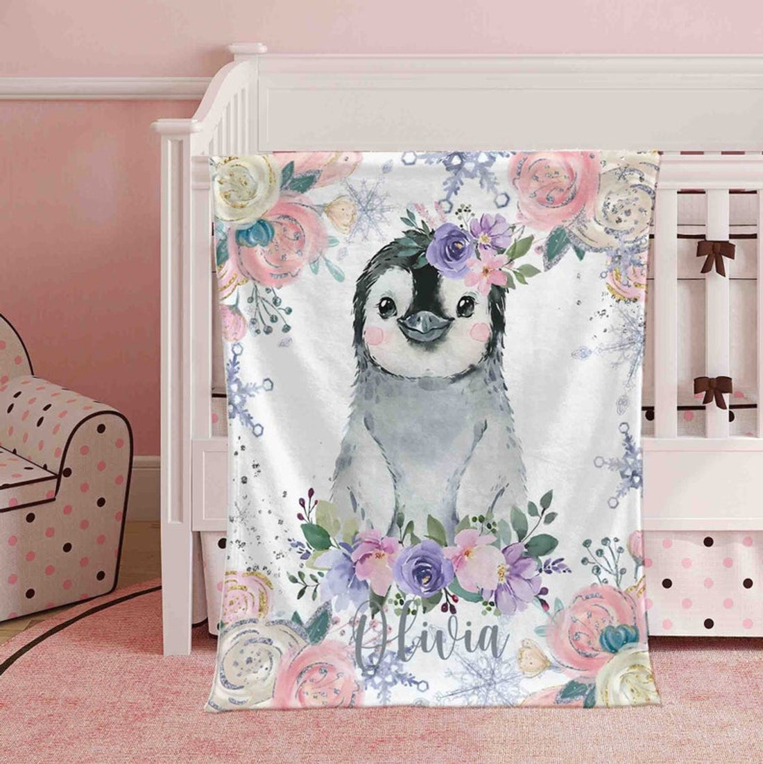 FUNSTUFFPRINT Custom  Baby Penguin Blanket, Winter Floral Penguin Nursery Blanket, Christmas Baby Kids Custom Name Blanket, Arctic Baby Shower Gift