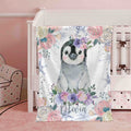 FUNSTUFFPRINT Custom  Baby Penguin Blanket, Winter Floral Penguin Nursery Blanket, Christmas Baby Kids Custom Name Blanket, Arctic Baby Shower Gift