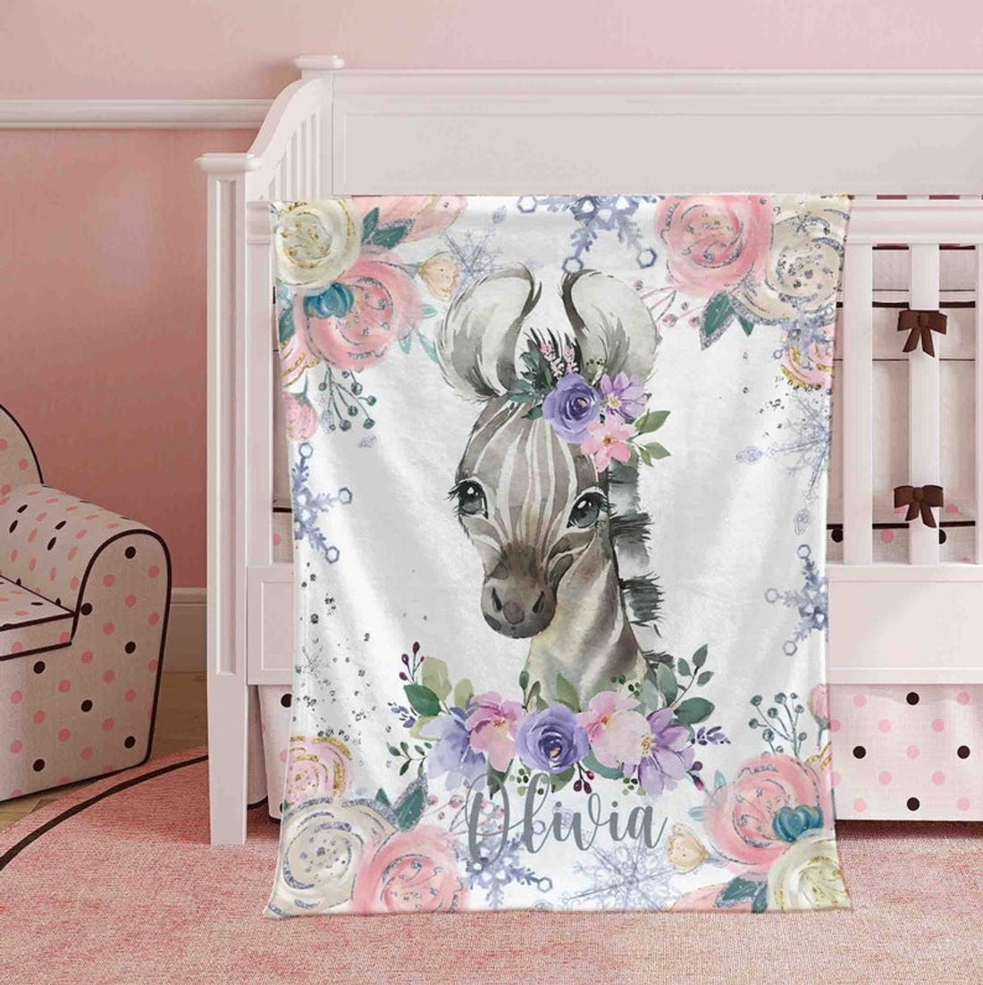 FUNSTUFFPRINT Custom  Winter Floral Zebra Nursery Blanket, Personalized Baby Zebra Blanket Christmas Baby Blanket Kids Custom Name Blanket Jungle Baby Shower Gift