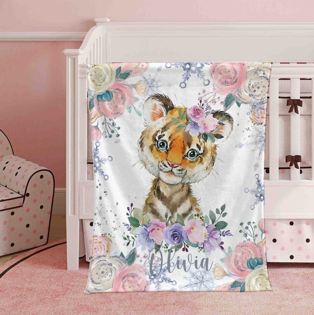 FUNSTUFFPRINT Custom  Winter Floral Tiger Nursery Blanket, Personalized Baby Tiger Blanket Christmas Baby Blanket Kids Custom Name Blanket Jungle Baby Shower Gift