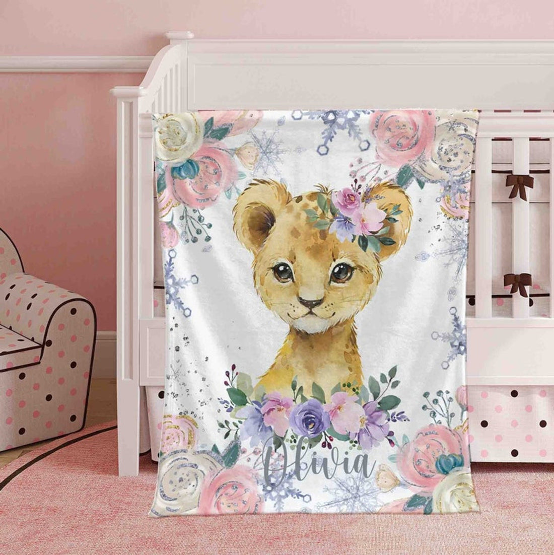 FUNSTUFFPRINT Custom  Winter Floral Lion Nursery Blanket, Personalized Baby Lion Blanket, Christmas Baby Blanket Kids Custom Name Blanket Jungle Baby Shower Gift