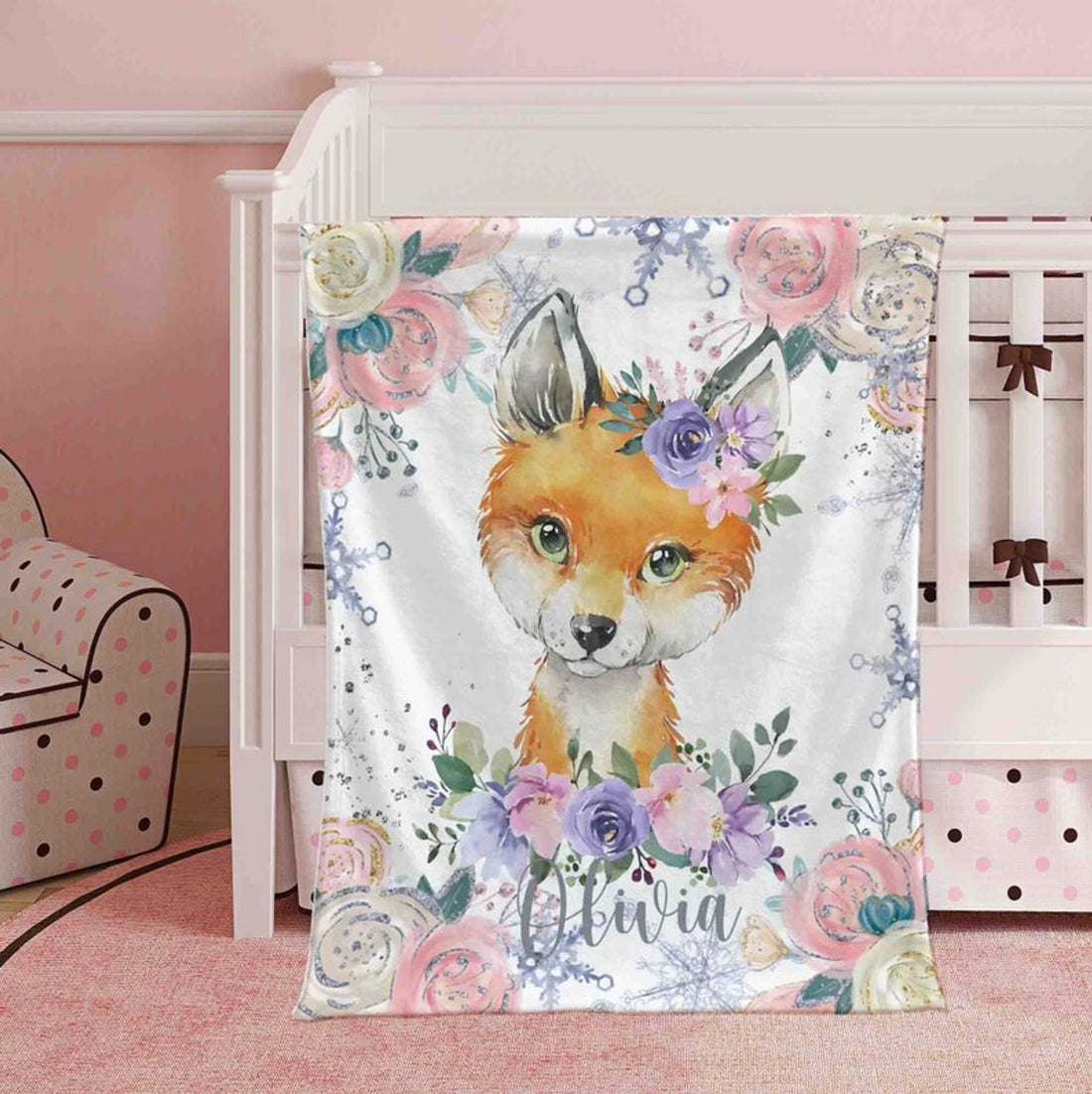 FUNSTUFFPRINT Custom  Winter Floral Fox Nursery Blanket, Personalized Baby Fox Animal Blanket, Christmas Baby Blanket Kids Custom Name Jungle Baby Shower Gift