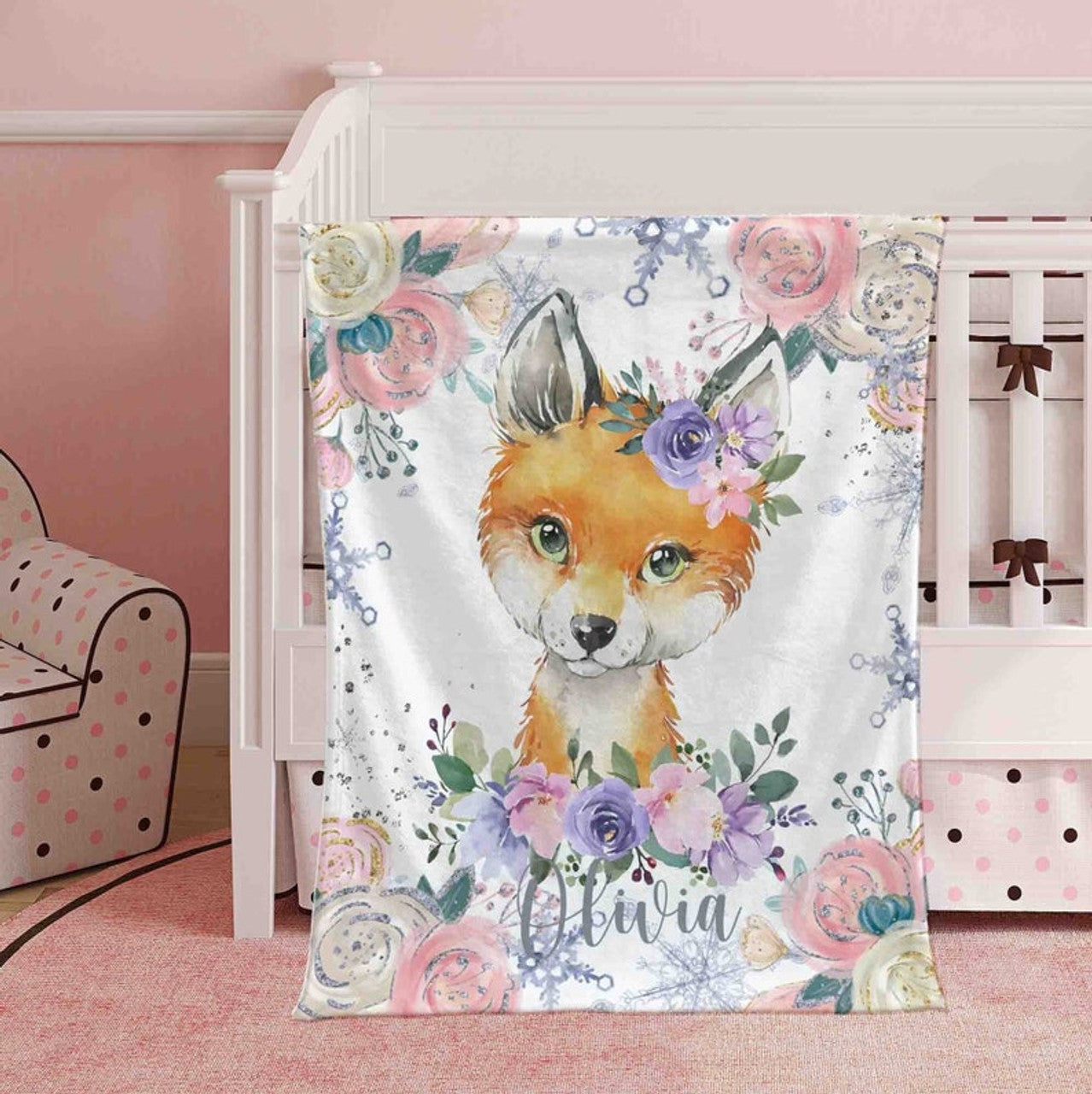 FUNSTUFFPRINT Custom  Winter Floral Fox Nursery Blanket, Personalized Baby Fox Animal Blanket, Christmas Baby Blanket Kids Custom Name Jungle Baby Shower Gift
