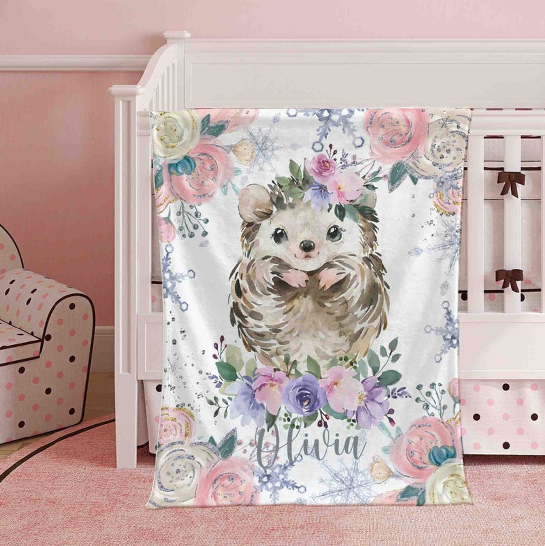 FUNSTUFFPRINT Custom  Winter Floral Hedgehog Nursery Blanket, Personalized Baby Animal Blanket, Christmas Baby Blanket Kids Custom Name Jungle Baby Shower Gift
