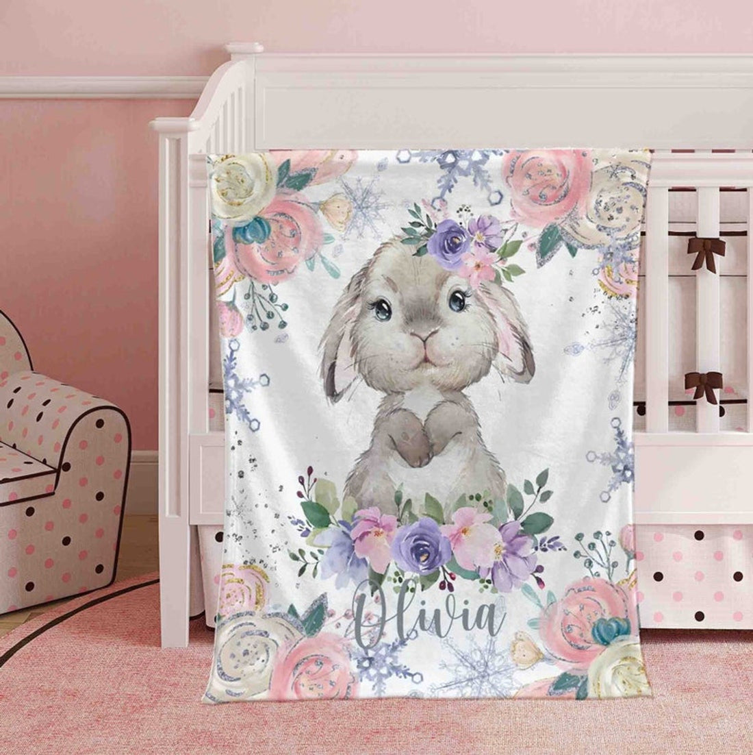 FUNSTUFFPRINT Custom  Baby Bunny Blanket, Winter Floral Rabbit Nursery Blanket, Christmas Baby Blanket Kids Custom Blanket Jungle Baby Shower Gift