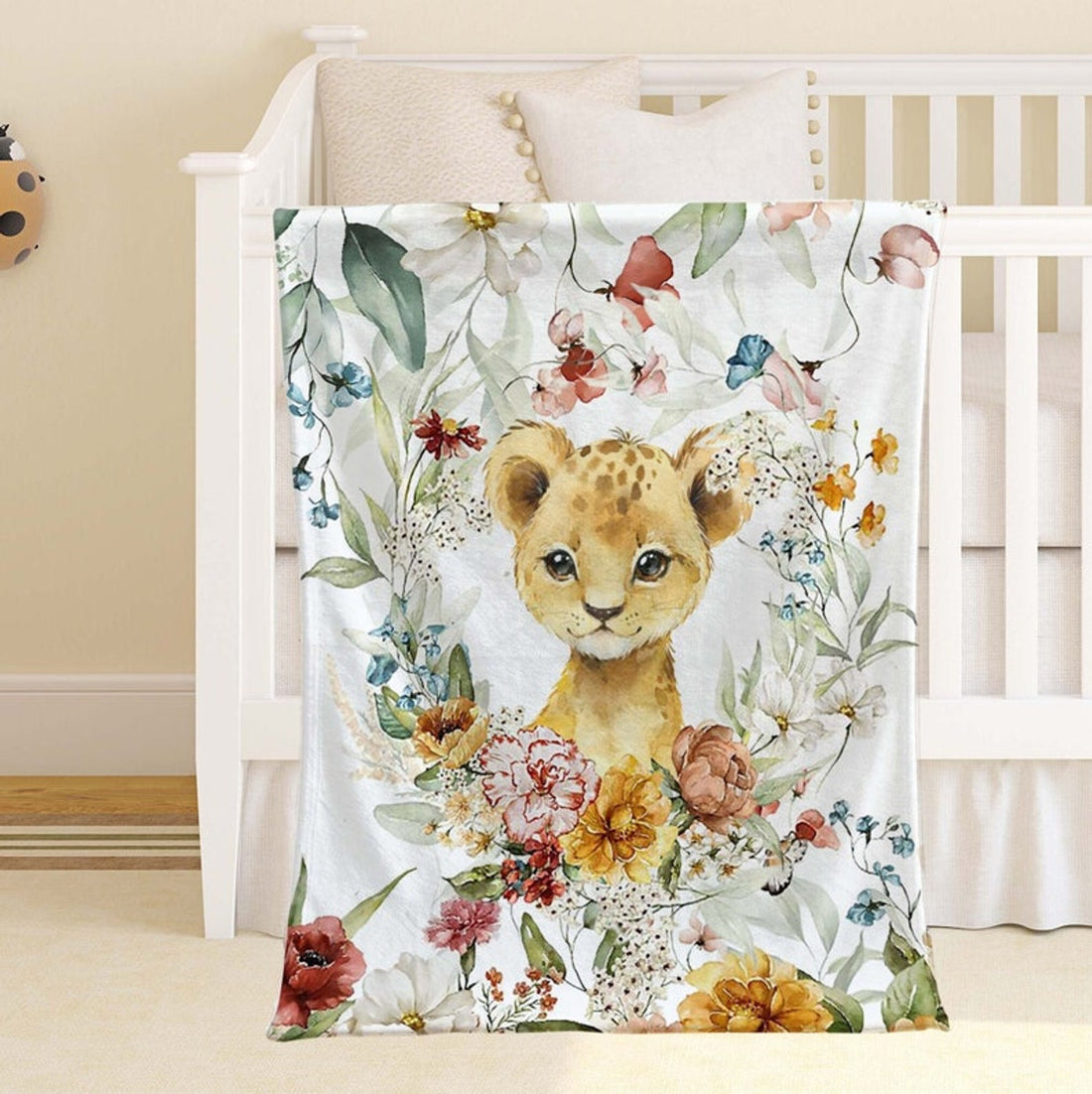 FUNSTUFFPRINT Custom  Spring Floral Animal Nursery Blanket, Personalized Baby Lion Blanket, Safari Animal Baby Blanket Kids Custom Name Blanket Baby Shower Gift