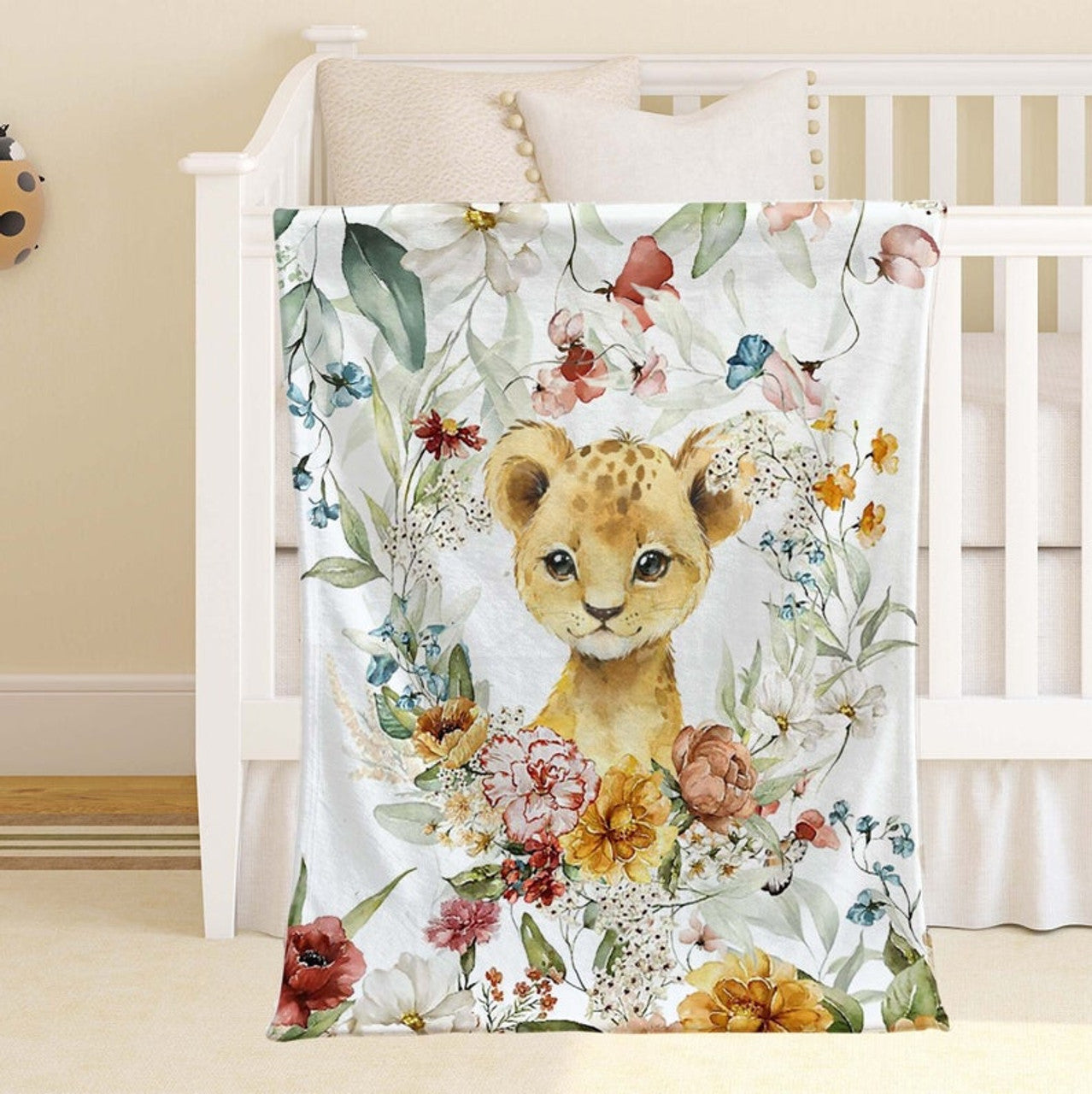 FUNSTUFFPRINT Custom  Spring Floral Animal Nursery Blanket, Personalized Baby Lion Blanket, Safari Animal Baby Blanket Kids Custom Name Blanket Baby Shower Gift