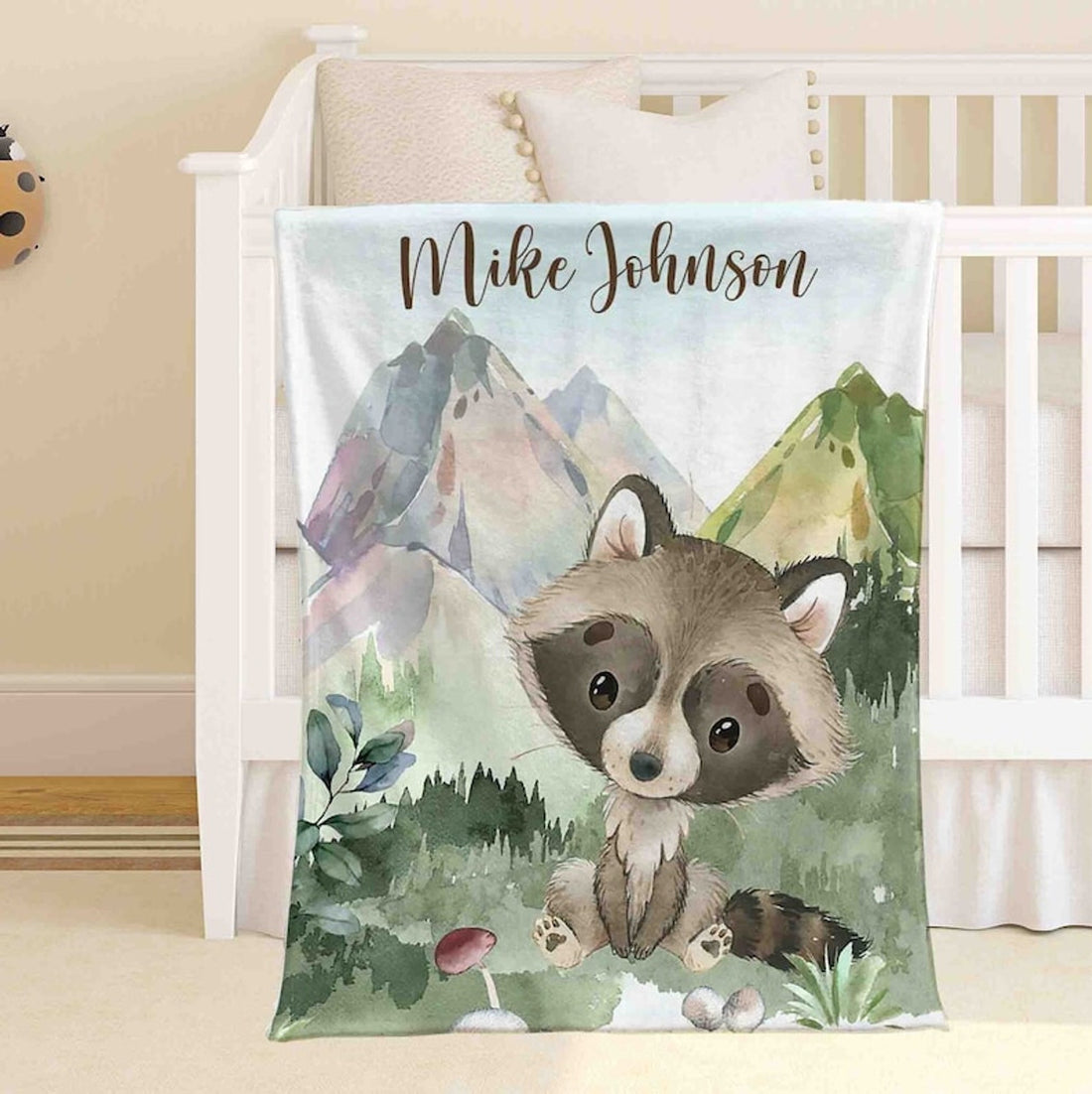 FUNSTUFFPRINT Custom  Little Raccoon Nursery Blanket, Personalized Baby Raccoon Blanket, Woodland Animal Baby Blanket Kids Custom Name Blanket Baby Shower Gift